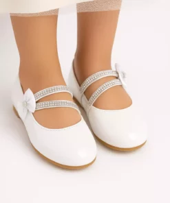 کفش بچگانه دخترانه سفید با سنگ‌های تزئینی و بند چسبی با روبان برند Pabrik - 820864763
