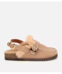 دمپایی سابو زنانه با رویه چرم سوئیدی و رنگ بژ، داخلی پشمی برند Hotiç - 1044401613