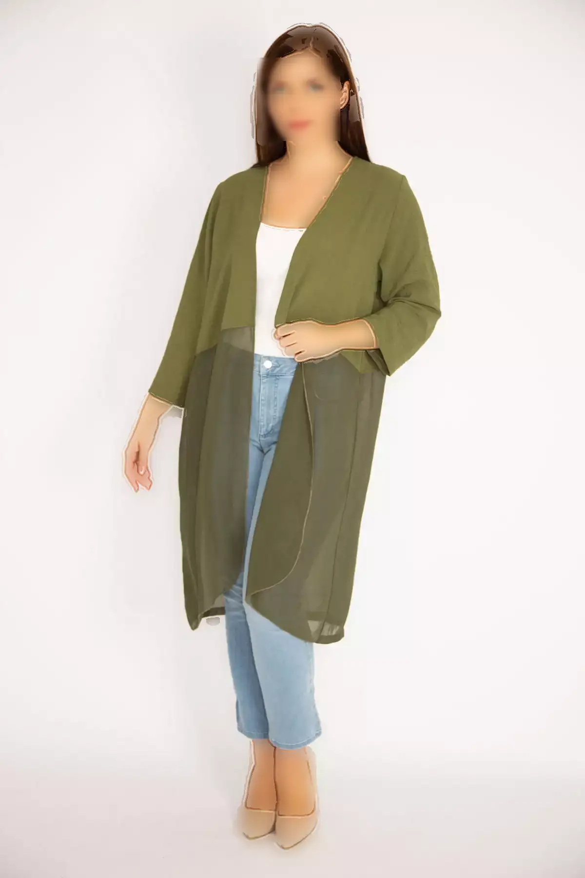 کاپشن شيفون سبز ارتشی سایز بزرگ زنانه 65n34879 برند Şans - 368935029