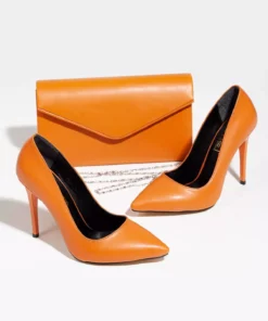 ست کفش و کیف زنانه مدل پاشنه بلند استیلتو با ارتفاع 10 سانتی‌متر و طراحی چرم مصنوعی، رنگ نارنجی برند LULO - 784184522