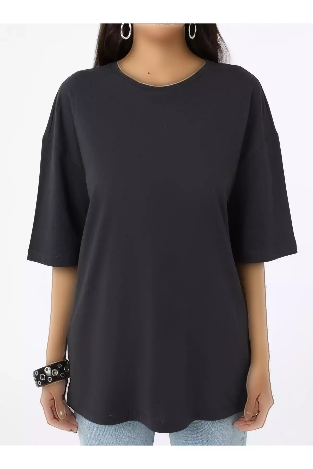 تیشرت زنانه آستین افتاده با یقه بیسیک - آنترسیت - رفکا برند Refka - 942587028