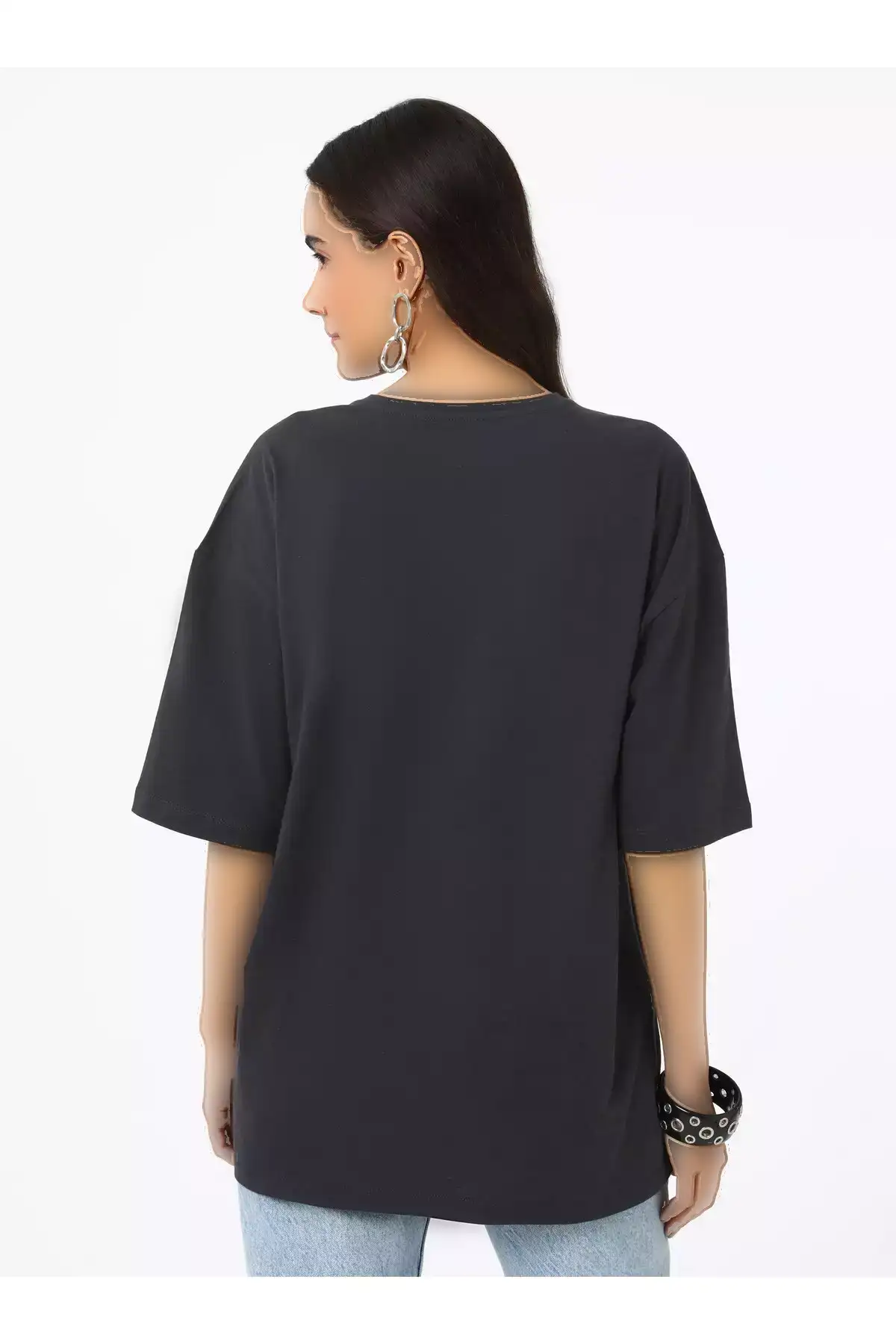 تیشرت زنانه آستین افتاده با یقه بیسیک - آنترسیت - رفکا برند Refka - 942587028