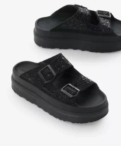 دمپایی زنانه با زیره پلی و مقاوم سیاه رنگ و بندهای دوبل با قفل تزئینی برند Tonny Black - 935547066