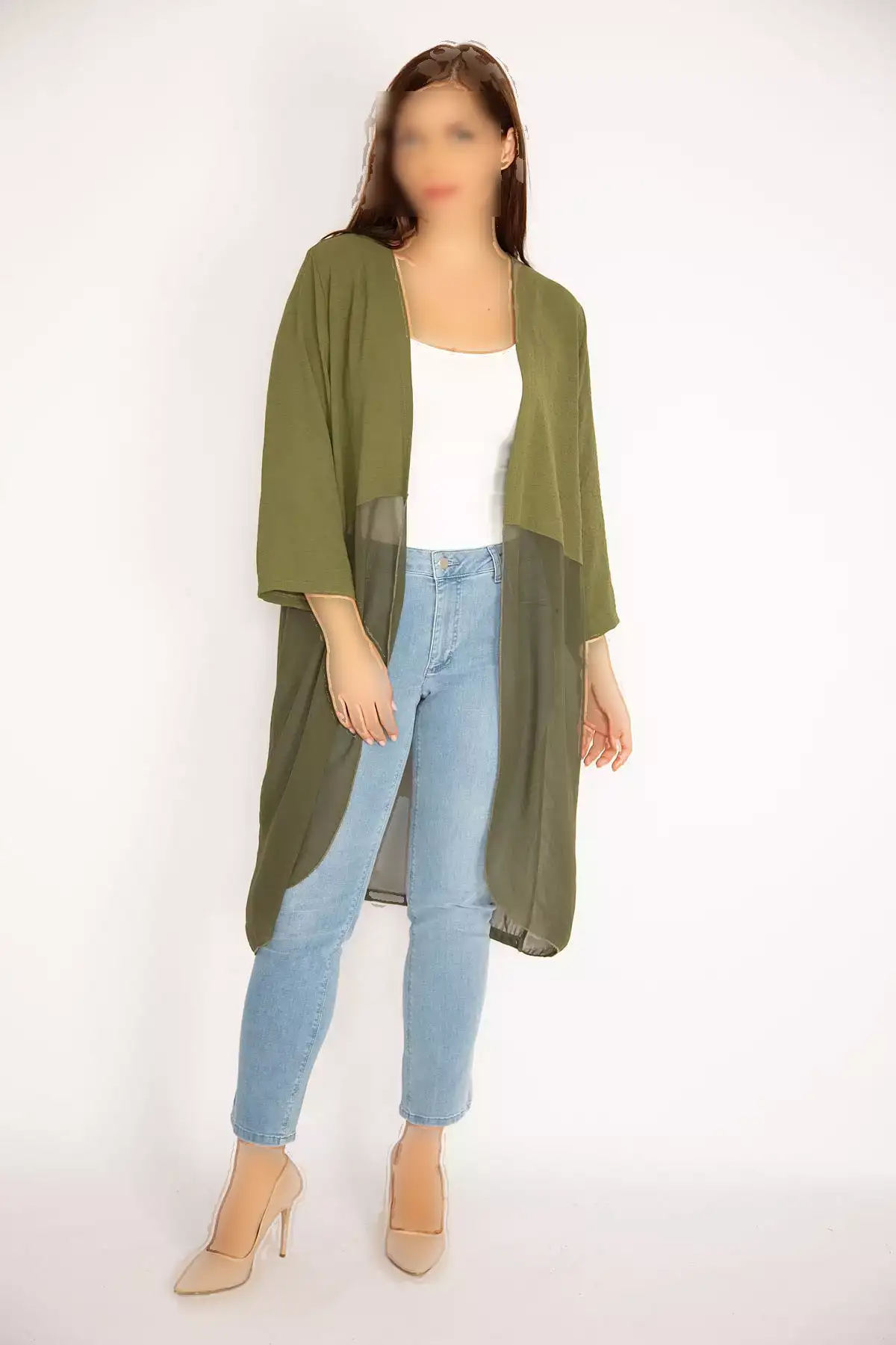 کاپشن شيفون سبز ارتشی سایز بزرگ زنانه 65n34879 برند Şans - 368935029