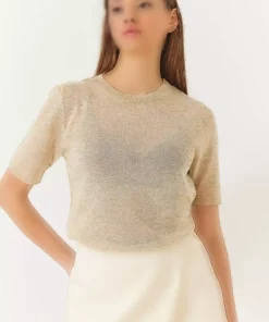 تی‌شرت کوتاه آستین‌دار یقه گرد زنانه با طرح خودجوش براق 60261443 برند Bianco Lucci - 900554730