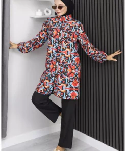 مایو حجاب با طرح هندسی، ست ۳ تکه، کد ۱۹۰۳-۰۱، رنگ آبی مرجان برند sefamerve - 1048661641