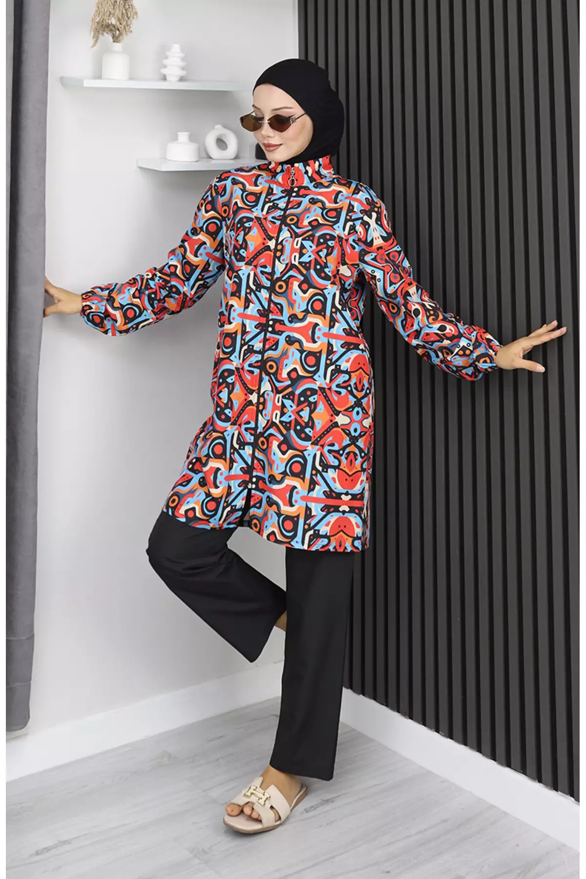 مایو حجاب با طرح هندسی، ست ۳ تکه، کد ۱۹۰۳-۰۱، رنگ آبی مرجان برند sefamerve - 1048661641