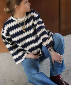 تی‌شرت آستین بلند راه‌راه آبی تیره با یقه گرد از جنس ۱۰۰% پنبه MG2362 برند Madmext - 925970510