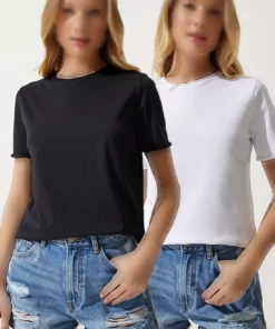 تیشرت پایه بافت زنانه بسته ۲ عددی یقه گرد مشکی و سفید UB00238 برند Happiness İstanbul - 803587292