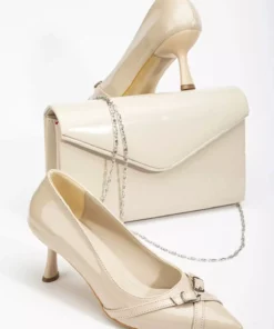 ست کیف و کفش پاشنهدار 7 سانتیمتری زنانه با روکش بژ براق برند MFT AYAKKABI - 876714033