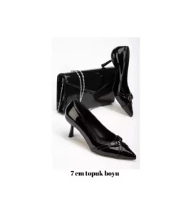 ست کیف و کفش زنانه 7 سانتی‌متری استیلتو مشکی براق برند MFT AYAKKABI - 876714039