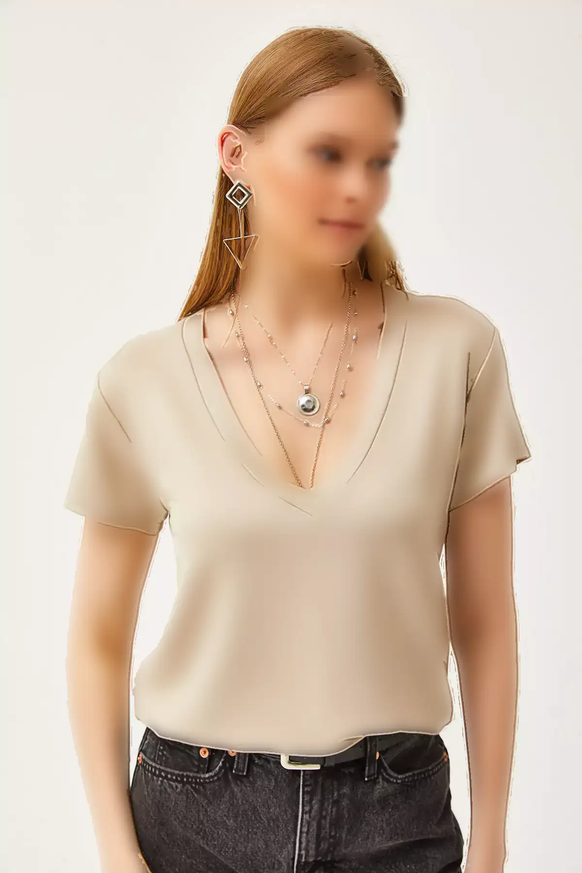 تیشرت دخترانه با یقه V عمیق و رنگ بژ مدل مودال TSH-19000773 برند Olalook - 818100707