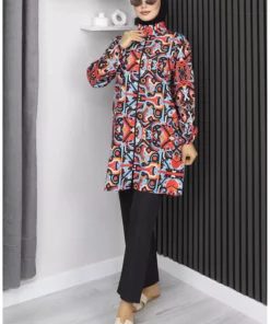 مایو حجاب با طرح هندسی، ست ۳ تکه، کد ۱۹۰۳-۰۱، رنگ آبی مرجان برند sefamerve - 1048661641