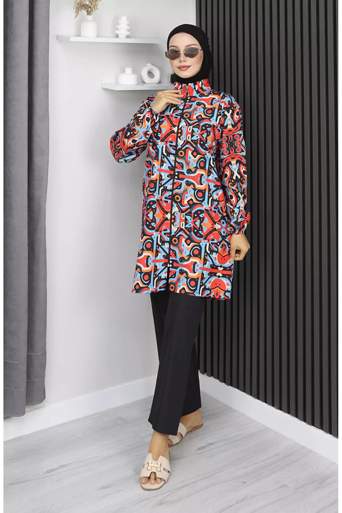 مایو حجاب با طرح هندسی، ست ۳ تکه، کد ۱۹۰۳-۰۱، رنگ آبی مرجان برند sefamerve - 1048661641