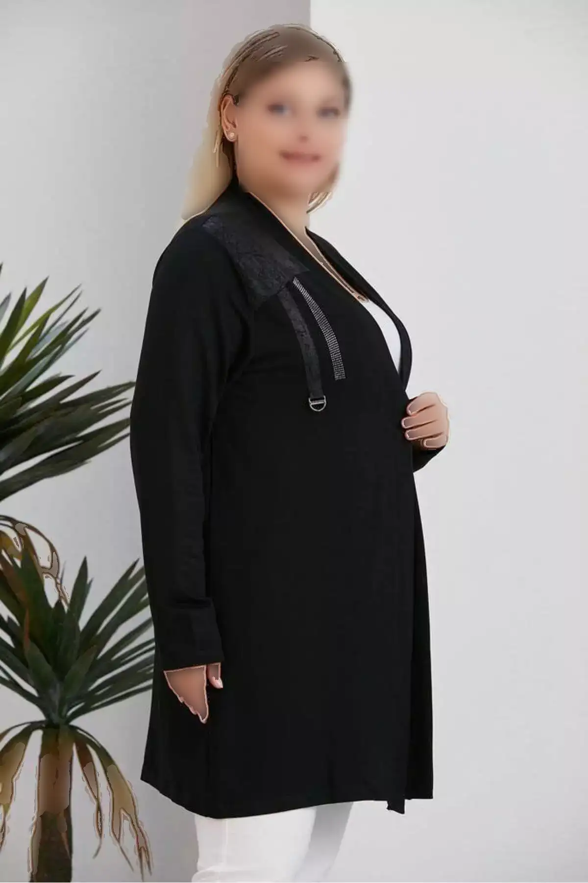 کارتن زنانه بزرگ اندازه با طرح بلوک و جزئیات اکسسوری، جلو باز، میدی بافت، کشی از ویسکوز برند FOR ESRA BIG TREND - 869068846