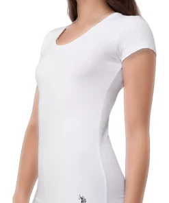 تیشرت زنانه نخی، کشی و مودالی با یقه عمیق و آستین کوتاه سفید برند U.S. Polo Assn. - 769369547