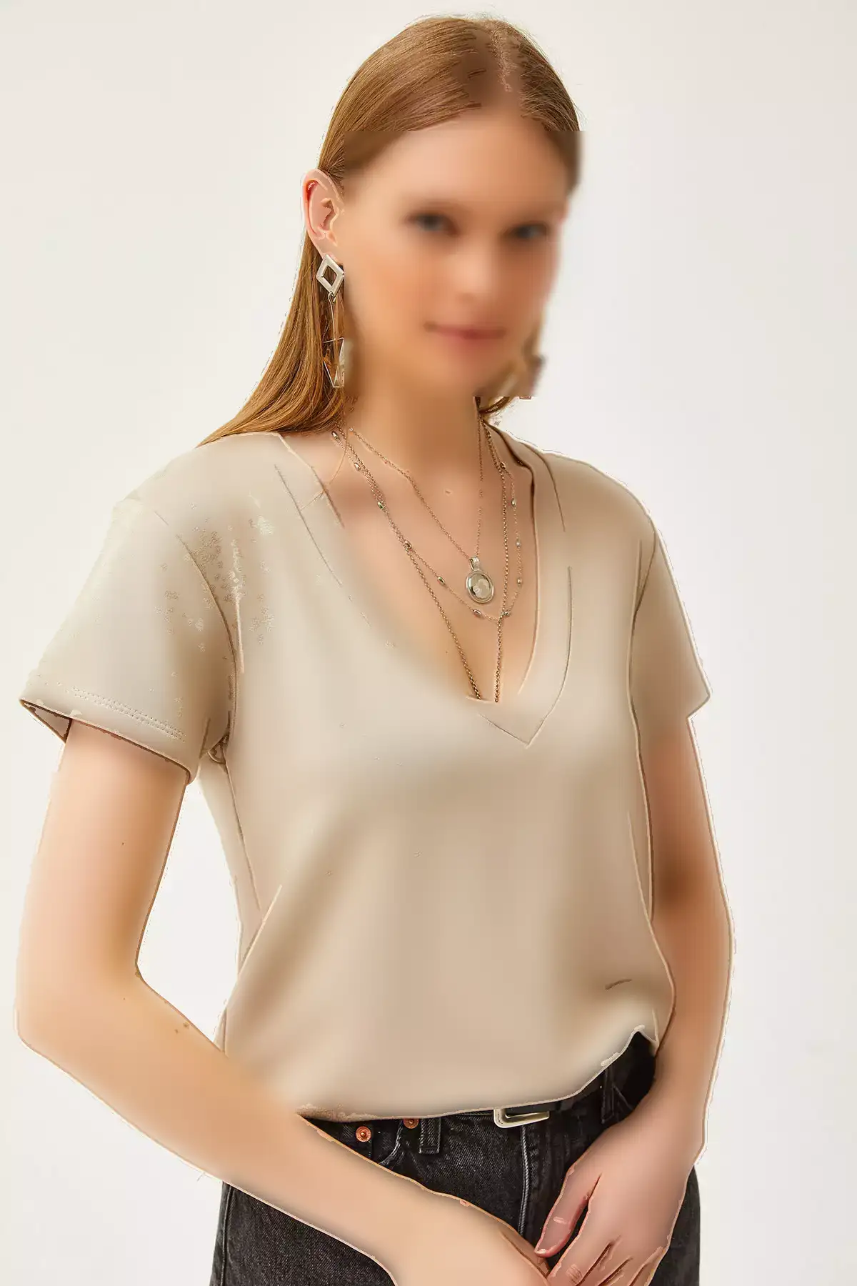 تیشرت دخترانه با یقه V عمیق و رنگ بژ مدل مودال TSH-19000773 برند Olalook - 818100707