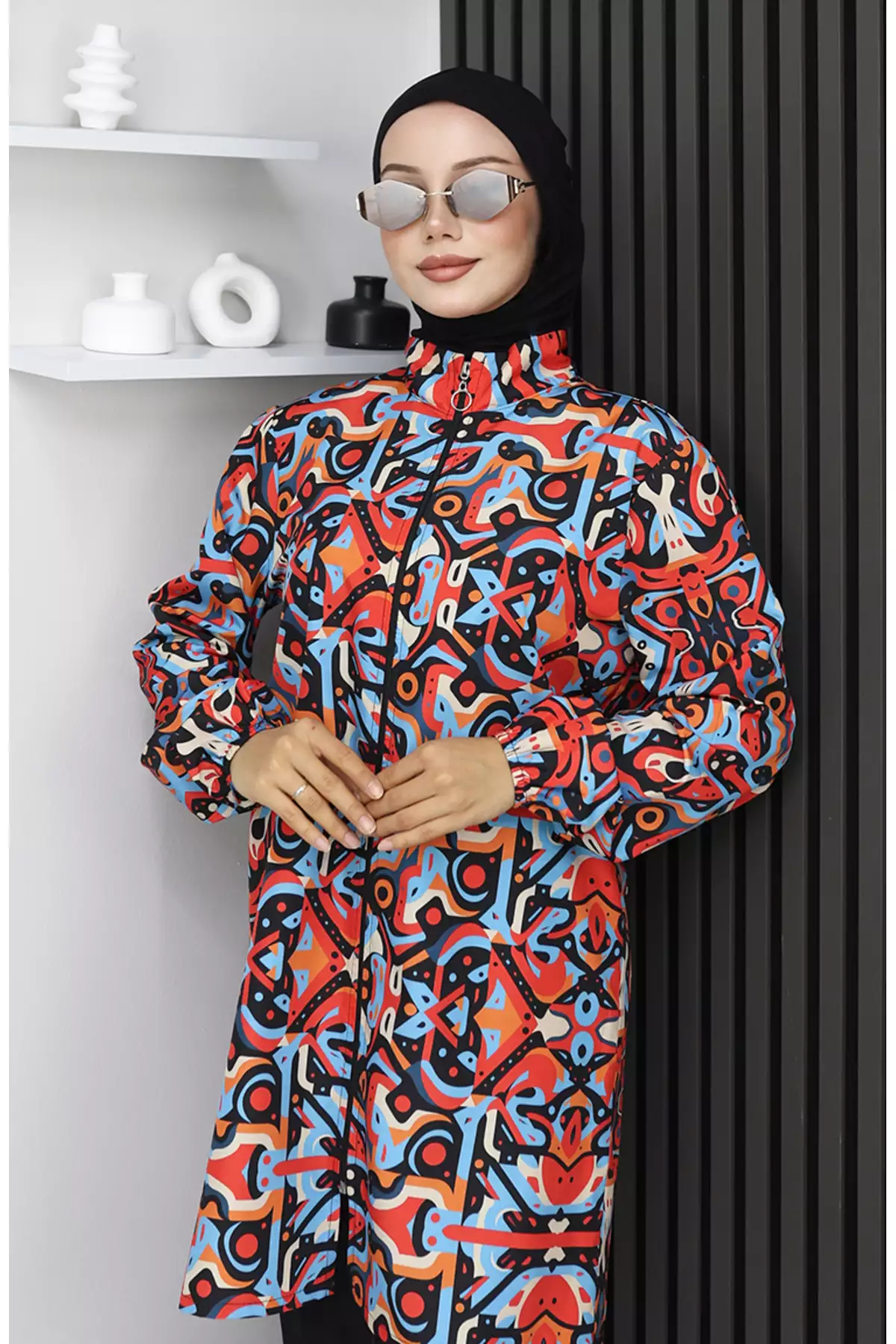 مایو حجاب با طرح هندسی، ست ۳ تکه، کد ۱۹۰۳-۰۱، رنگ آبی مرجان برند sefamerve - 1048661641