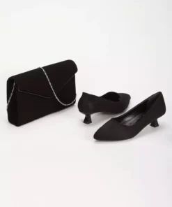 ست کیف و کفش زنانه پاشنه بلند مشکی مخملی برند GULT - 901607686