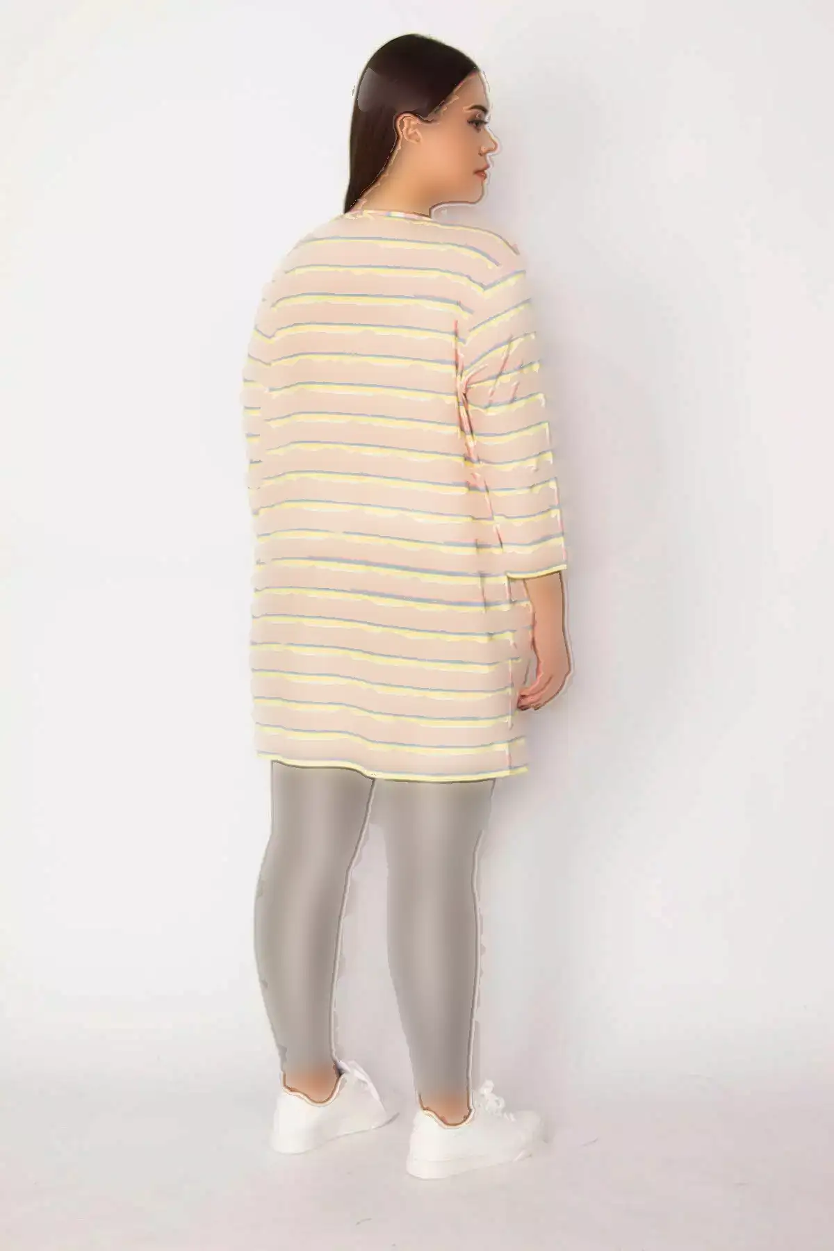 ژاکت راهراه صورتی بزرگ سایز زنانه از پارچه پنبهای 65n29664 برند Şans - 176245246