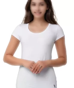 تیشرت زنانه نخی، کشی و مودالی با یقه عمیق و آستین کوتاه سفید برند U.S. Polo Assn. - 769369547