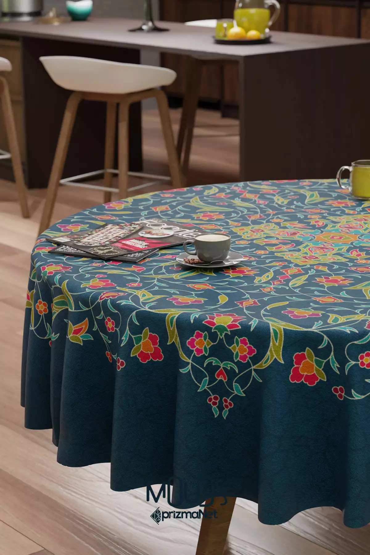 روکش میز گرد بدون نگرانی با طرح شاخههای گل رمضان از پارچه جیر برند Moud's - 808953974