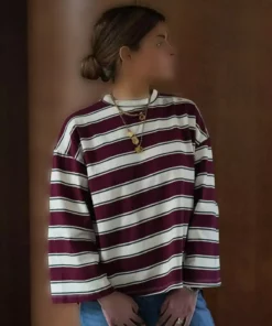 تی‌شرت راه‌راه یقه گرد صد در صد پنبه‌ای Bordo با آستین‌های بلند MG2362 برند Madmext - 925970848