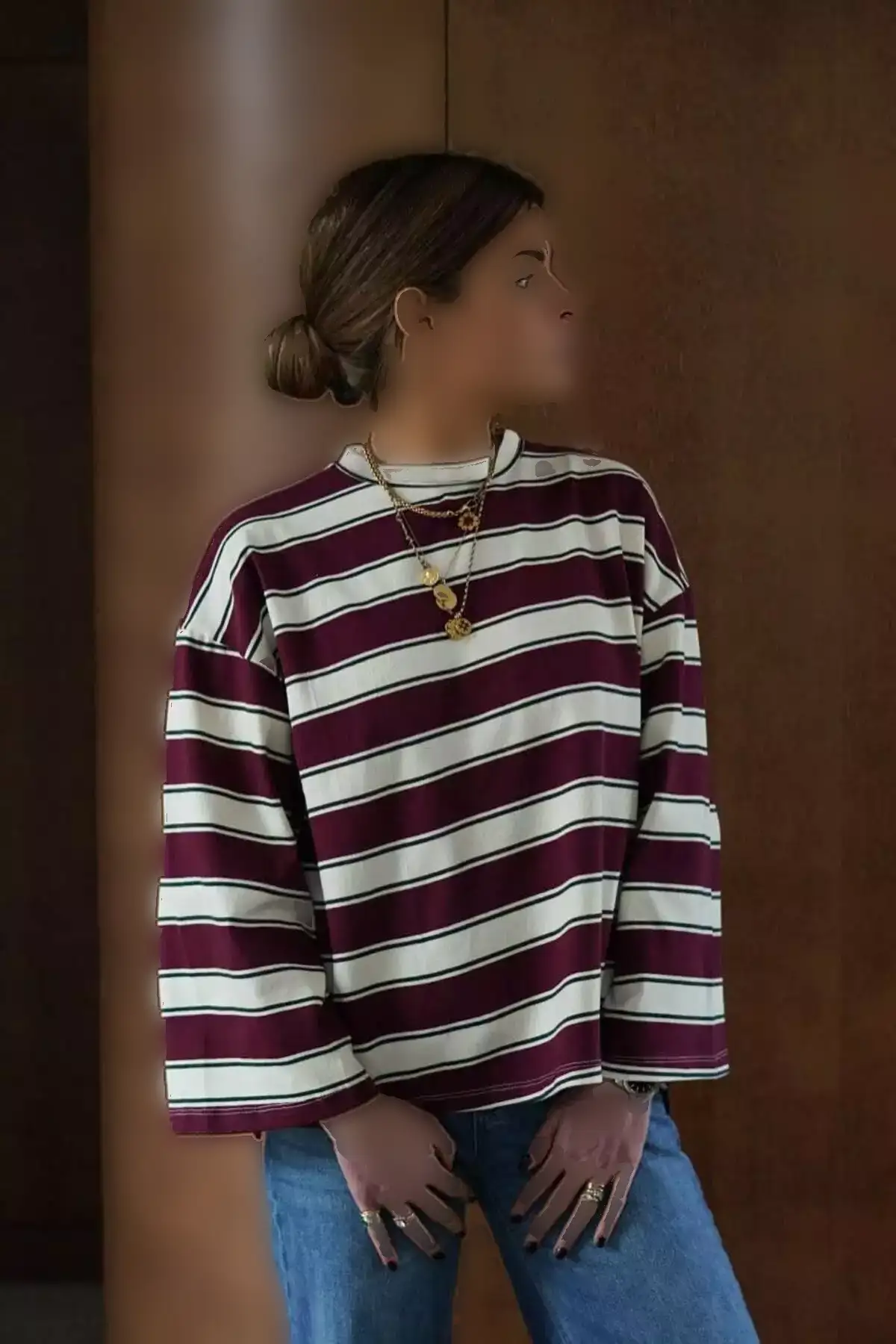 تیشرت راهراه یقه گرد صد در صد پنبهای Bordo با آستینهای بلند MG2362 برند Madmext - 925970848