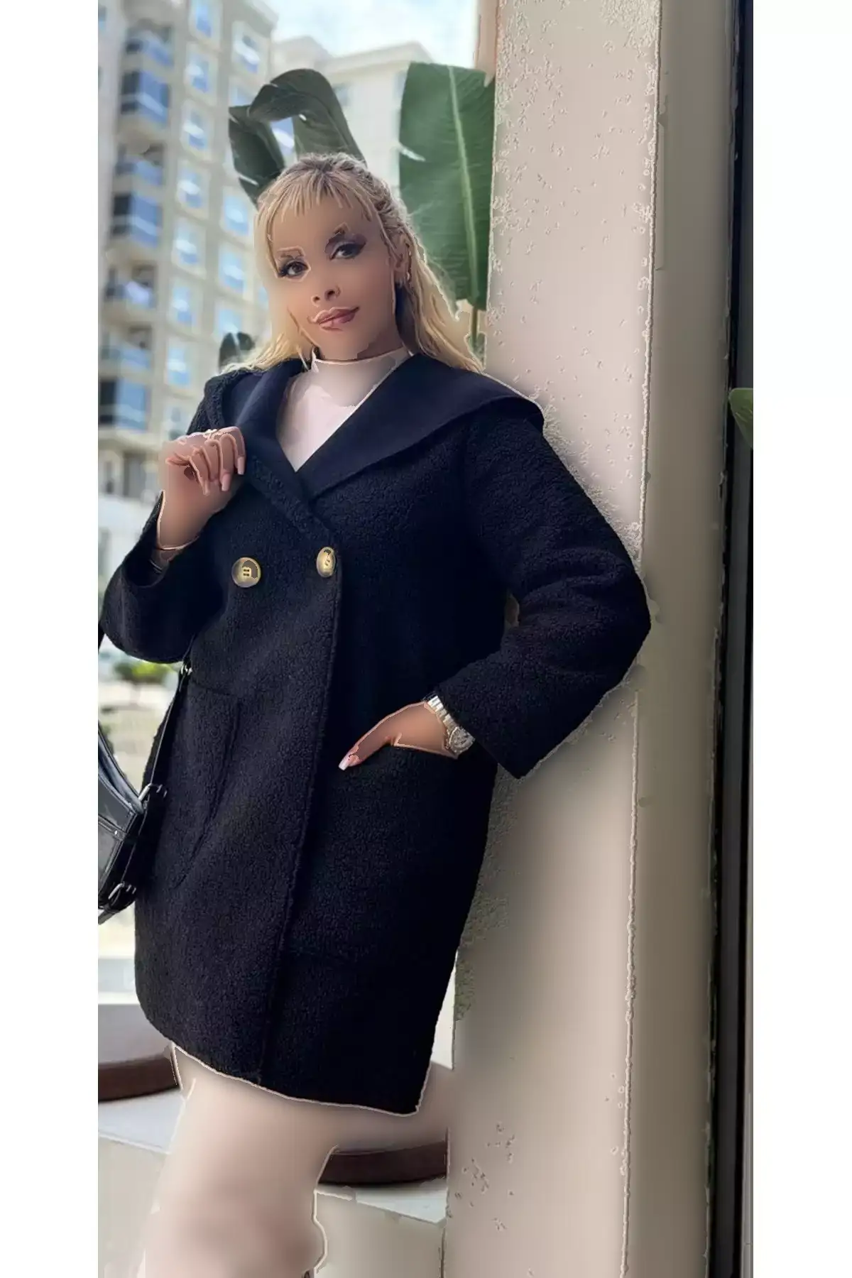 کژوئی زنانه بزرگ سایز با کلاه و جزئیات دکمهای و جیبدار 25052 برند Butik Nilyam - 1020455290