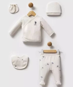 ست ۵ تکه بیمارستانی نوزاد پسر برند U.S. Polo Assn. با پارچه وافل ۱۰۰% پنبه‌ای رنگ اکرu برند U.S. Polo Assn. - 959468540