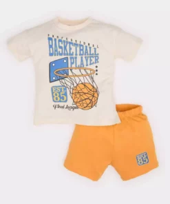 ست دو تکه پسرانه با تیشرت کوتاه آستین و شلوار کوتاه کش دار با طرح توپ برند Defacto - 922907245