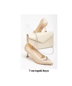 ست کیف و کفش پاشنه‌دار 7 سانتی‌متری زنانه با روکش بژ براق برند MFT AYAKKABI - 876714033