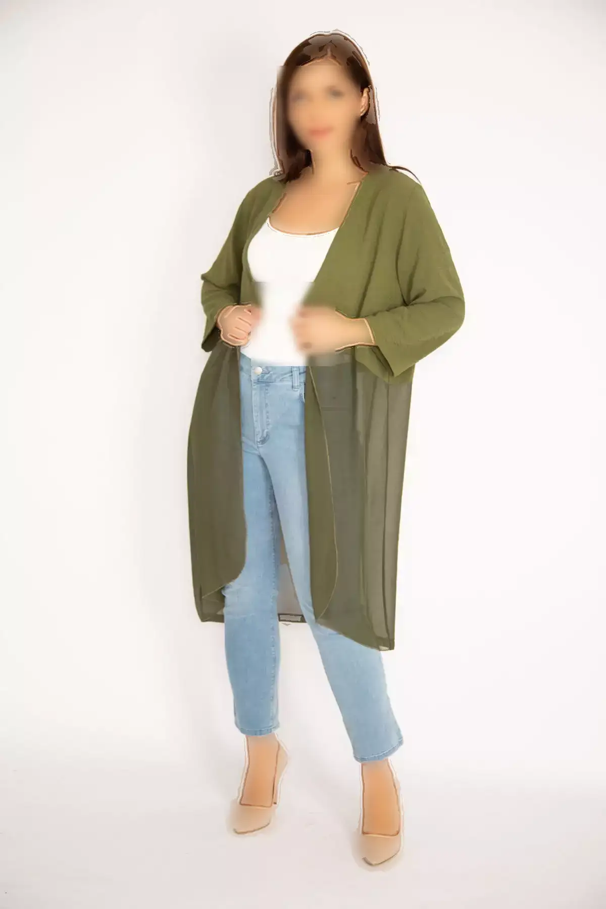 کاپشن شيفون سبز ارتشی سایز بزرگ زنانه 65n34879 برند Şans - 368935029