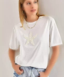 تی‌شرت پنبه‌ای با سنگ‌های تزئینی مروارید زنانه برند Bianco Lucci - 692163453