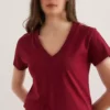 تی‌شرت زنانه یقه V با رنگ bordo و طرح برقی TSH-19000396 برند Olalook - 897646279