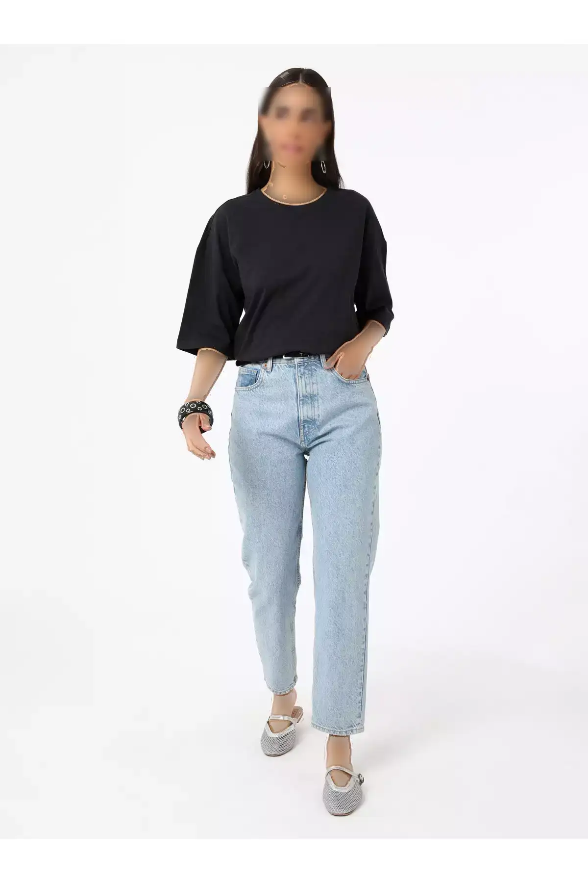 تیشرت زنانه آستین افتاده با یقه بیسیک - آنترسیت - رفکا برند Refka - 942587028