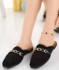 زنان جلو بسته گلیمی صندل مشکی با چین بافی و زنجیر، صندل روزمره خنک برند Modafırsat - 715845658