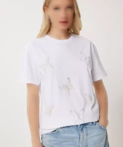 تیشرت بافتنی زنانه مروارید سفید با سنگ‌های پروانه‌ای مدل MP00033 برند Happiness İstanbul - 940431410