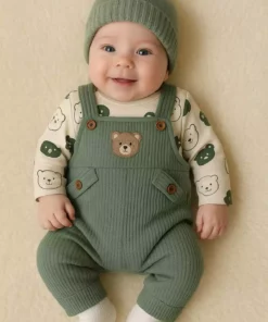 مجموعه سهتکه تیشرت، شلوار و جوراب بچهگانه با طرح خرس و گلدوزی خرس از پارچه پنبهای مناسب برای استفاده مشترک برند NAFİTO - 994541318