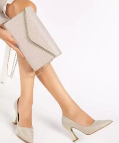 ست کیف و پاشنه بلند ضخیم ویژه تولید به رنگ طلایی برند MFT AYAKKABI - 860399199