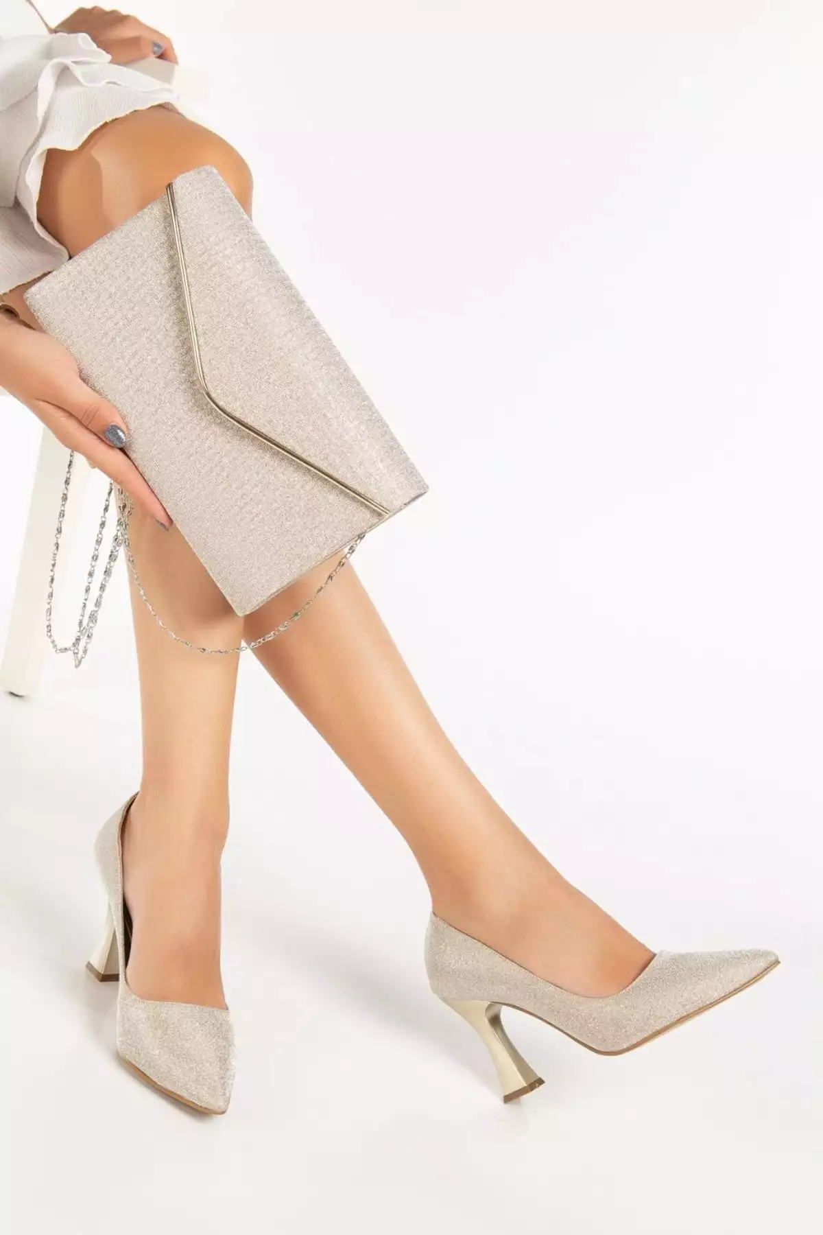 ست کیف و پاشنه بلند ضخیم ویژه تولید به رنگ طلایی برند MFT AYAKKABI - 860399199