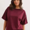 تی‌شرت اورسایز یکنواخت زنانه با طرح چاپی جلو و پشت به رنگ Bordeaux (بوردو) دو نخ TSH-19000696 برند Olalook - 892543532