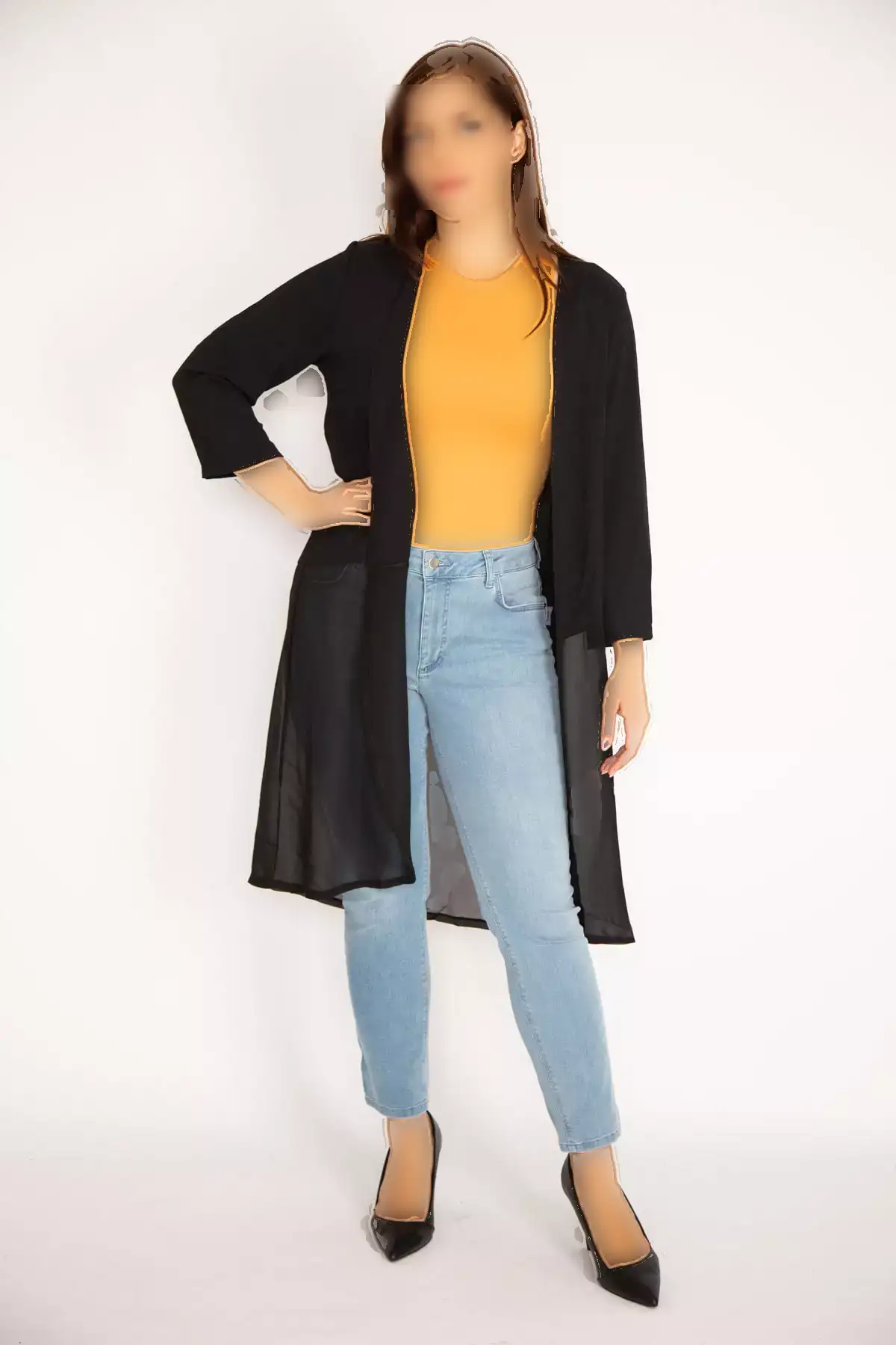 کاردی بزرگ سایز زنانه هفتلنگ مشکی با پایین شيفون 65n34879 برند Şans - 368936412