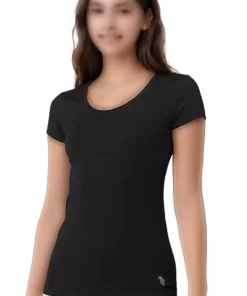 تیشرت مشکی کوتاه آستین زنانه با طرح ساده و یقه عمیق از جنس پنبه و لیکرا برند U.S. Polo Assn. - 769370347