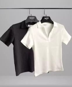 تی‌شرت زنانه ۲ تکه یقه‌ polo کوتاه آستین با بافت کاسکورس برند Mood Lab - 904992489
