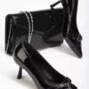 ست کیف و کفش زنانه 7 سانتی‌متری استیلتو مشکی براق برند MFT AYAKKABI - 876714039