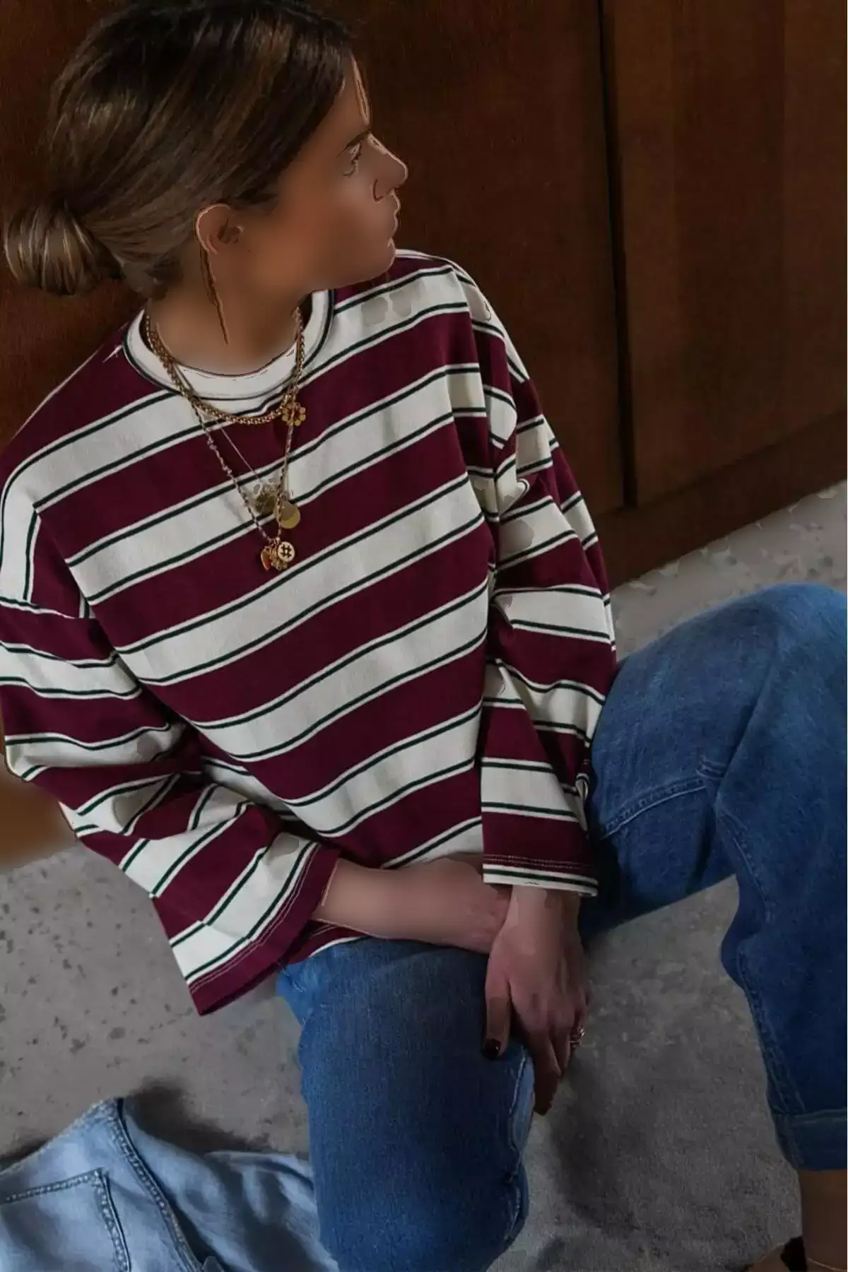 تیشرت راهراه یقه گرد صد در صد پنبهای Bordo با آستینهای بلند MG2362 برند Madmext - 925970848