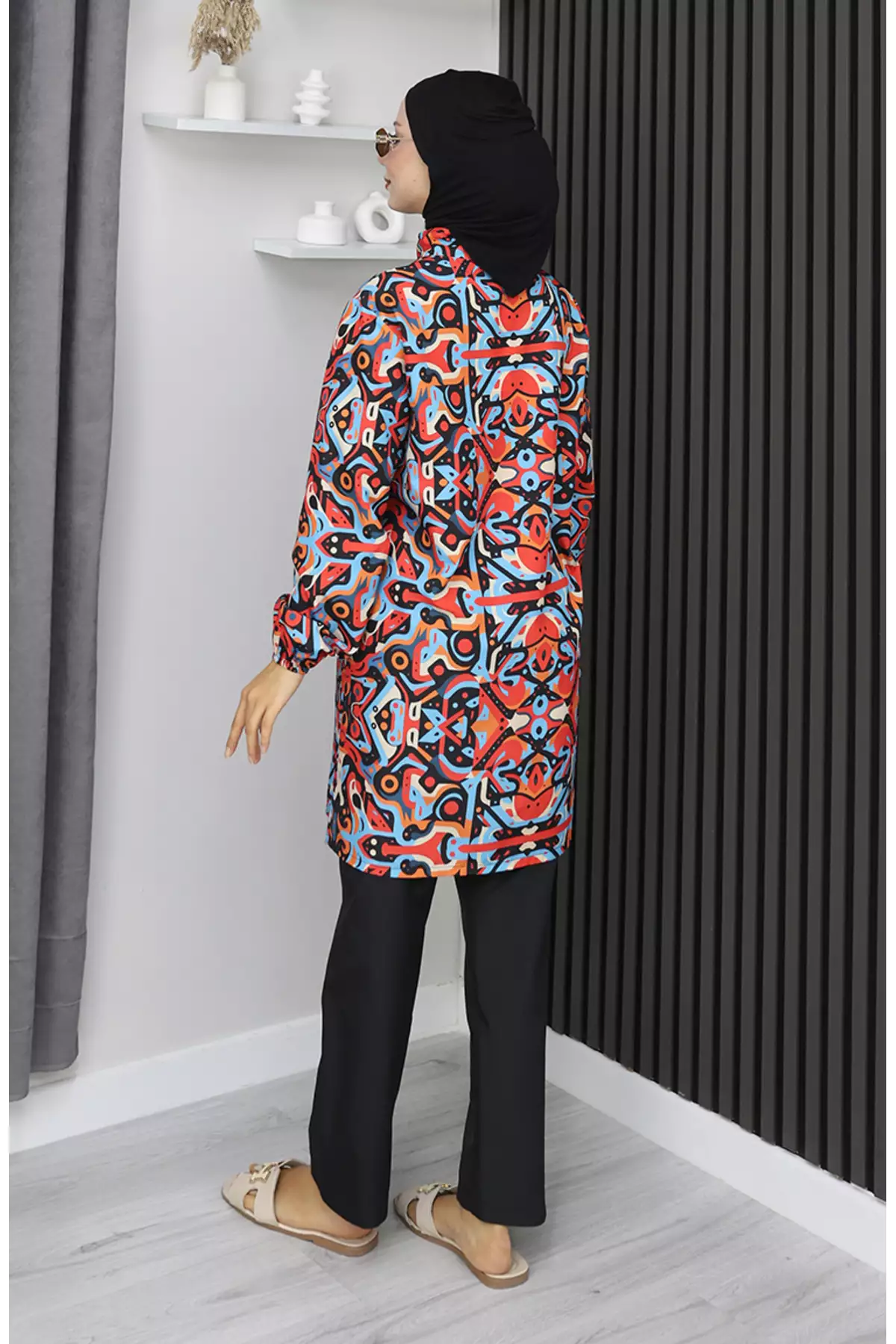 مایو حجاب با طرح هندسی، ست ۳ تکه، کد ۱۹۰۳-۰۱، رنگ آبی مرجان برند sefamerve - 1048661641