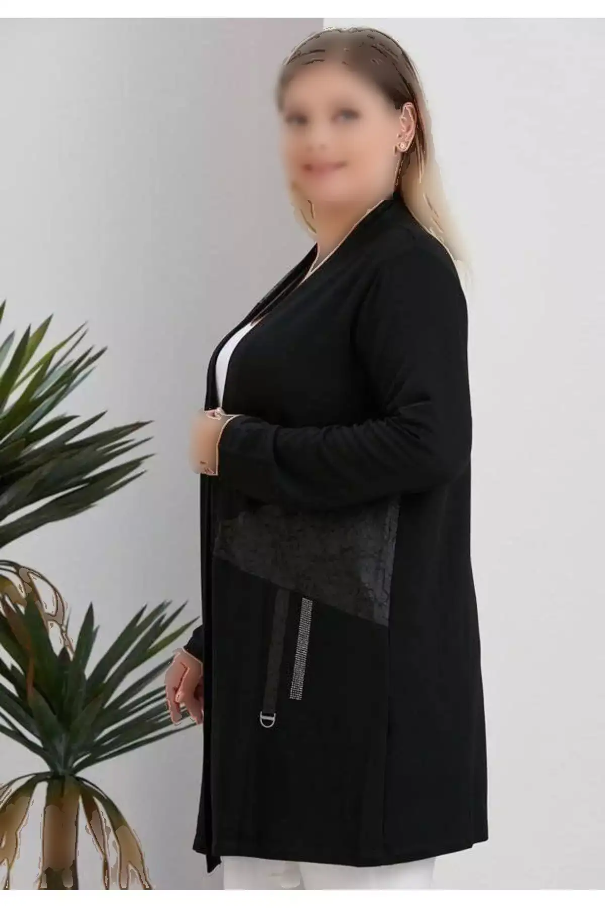 کارتن زنانه بزرگ اندازه با طرح بلوک و جزئیات اکسسوری، جلو باز، میدی بافت، کشی از ویسکوز برند FOR ESRA BIG TREND - 869068846