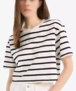 تی‌شرت کوتاه آستین‌دار یقه گرد خط‌دار مدل Boxy Fit C6199AX24SM برند Defacto - 841701045